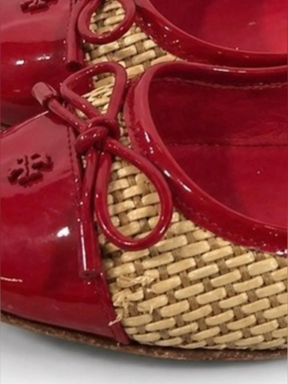 Tory Burch Reva Ballet Flats Red Patent & Raffia Woven Shoes Size 8.5M